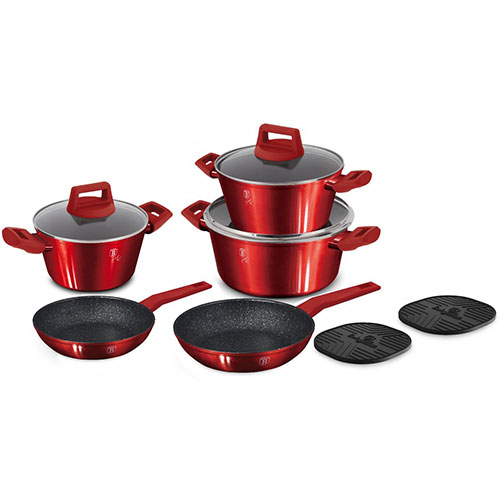 BERLINGER HAUS GRANITE 10 PCS COOKWARE SET FRYPAN 20 + 24 CM + CASSEROLES WITH LIDS 20 CM (2.2 L) + 24 CM (3.5 L) + 28 CM (5.35 L) + 2 PCS HEAT MAT RED