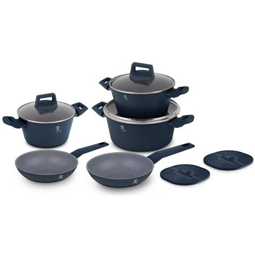 BERLINGER HAUS GRANITE 10 PCS COOKWARE SET FRYPAN 20 + 24 CM + CASSEROLES WITH LIDS 20 CM (2.2 L) + 24 CM (3.5 L) + 28 CM (5.35 L) + 2 PCS HEAT MAT BLUE