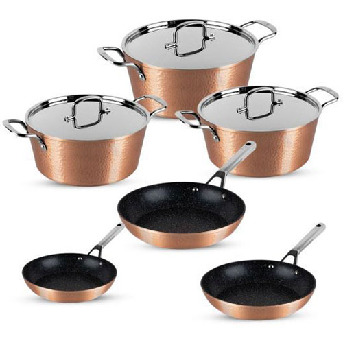 HAMMERED COOKING SET 9 PCS SET CASSEROLES ( 30+26+22 CM ) + FRY PAN ( 30+26+22 CM ) COPPER COLOR - BERLINGER HAUS